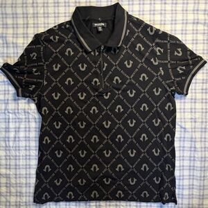 True Religion Black and Gray Patterned Polo Shirt